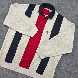 Vintage Bugle Boy Company Vertical Stripe Polo Sweatshirt Gray Navy Red XL